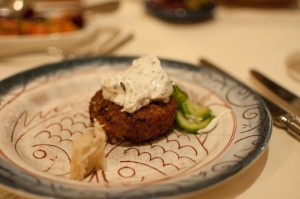 crispy zucchini cakes with cucumber & mint-yogurt dressing - $8.75