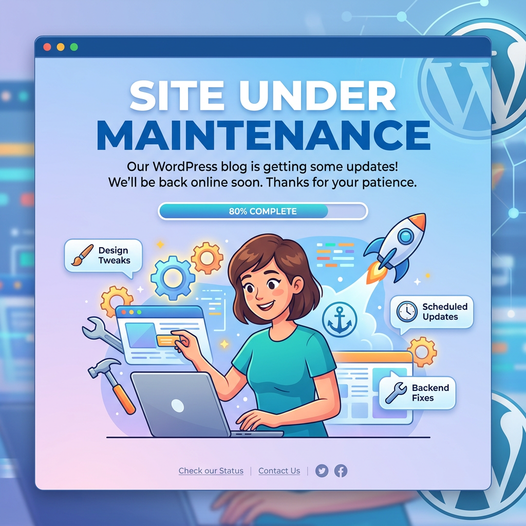 WordPress maintenance page stating site under maintenance and 80% complete